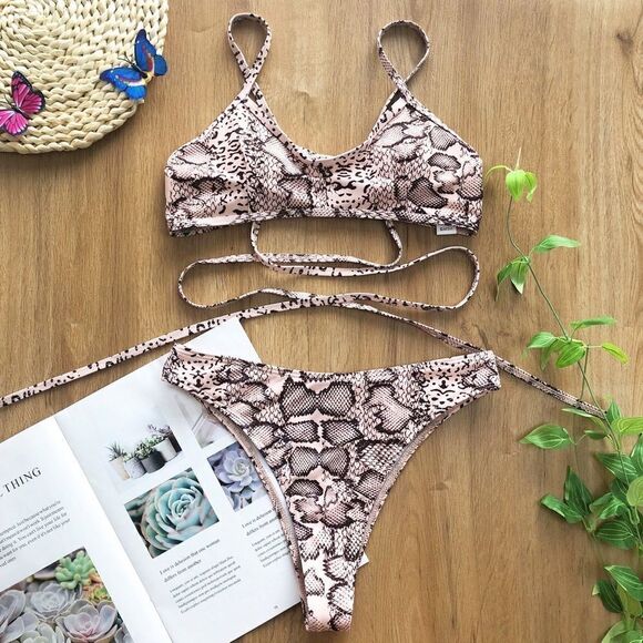 Cali Snake Print Strappy High Waist Scoop Pink Bikini - Picture 1 of 8